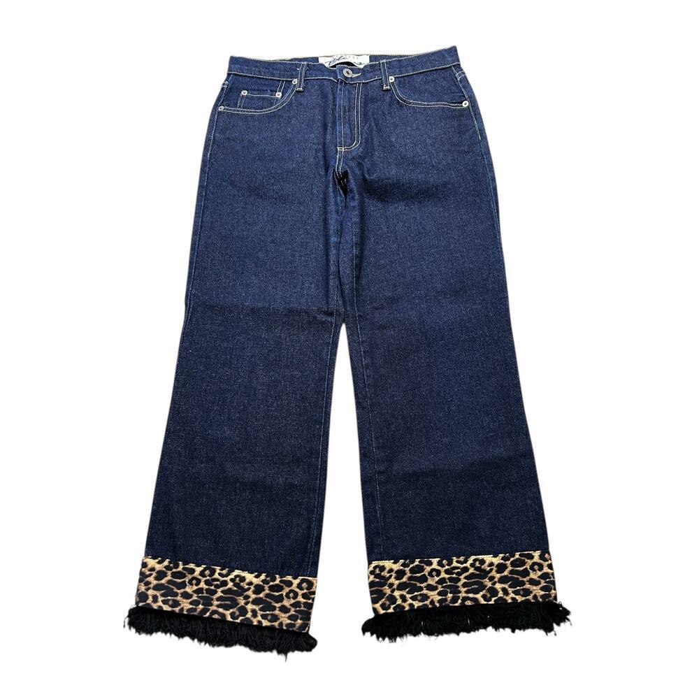 Vintage Express Bleus Vintage Crop Jeans Leopard Fringe‎ Women Sz 7 boho western